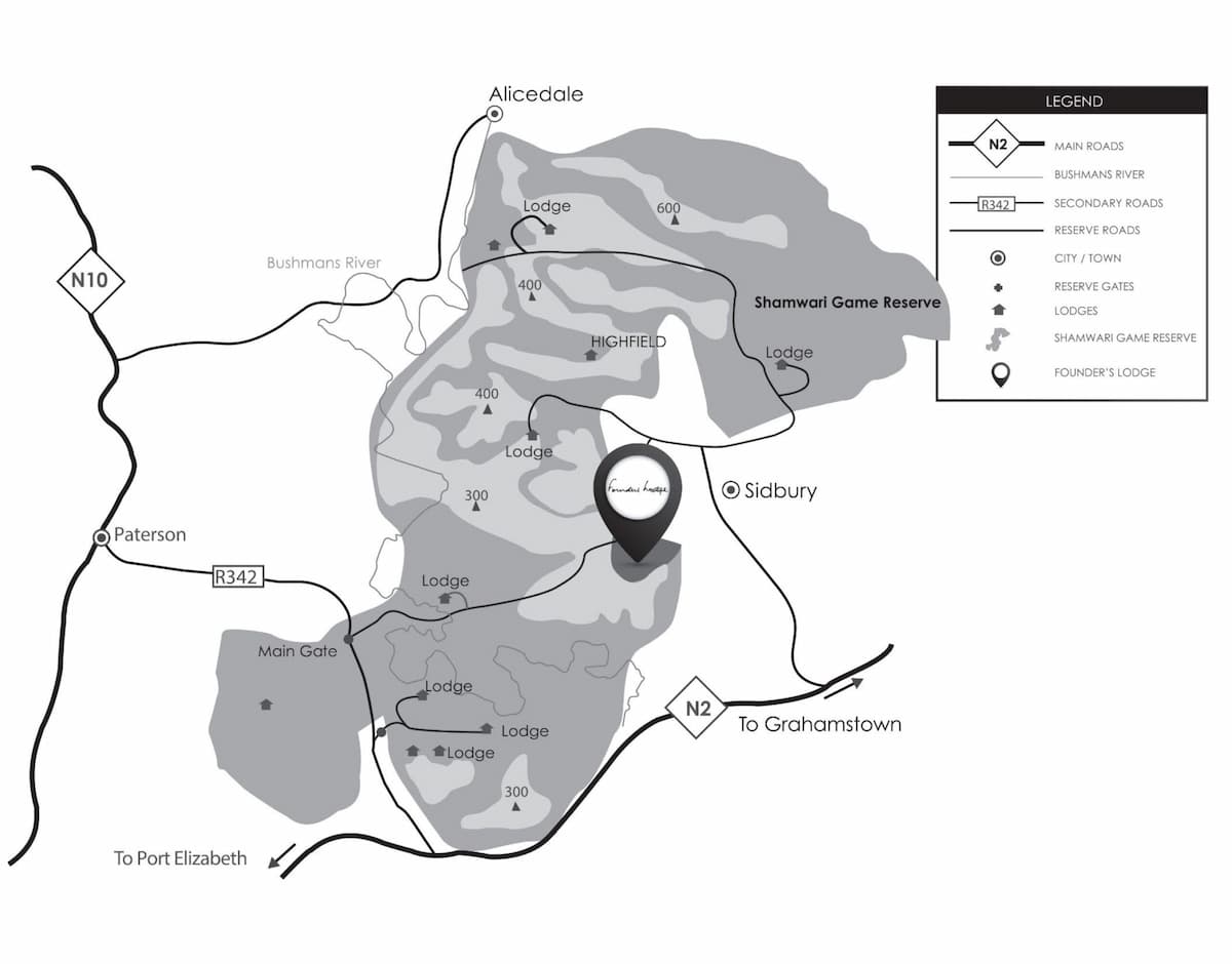 Map showing the location of Founders Lodge near Gqeberha (Port Elizabeth) in the Eastern Cape