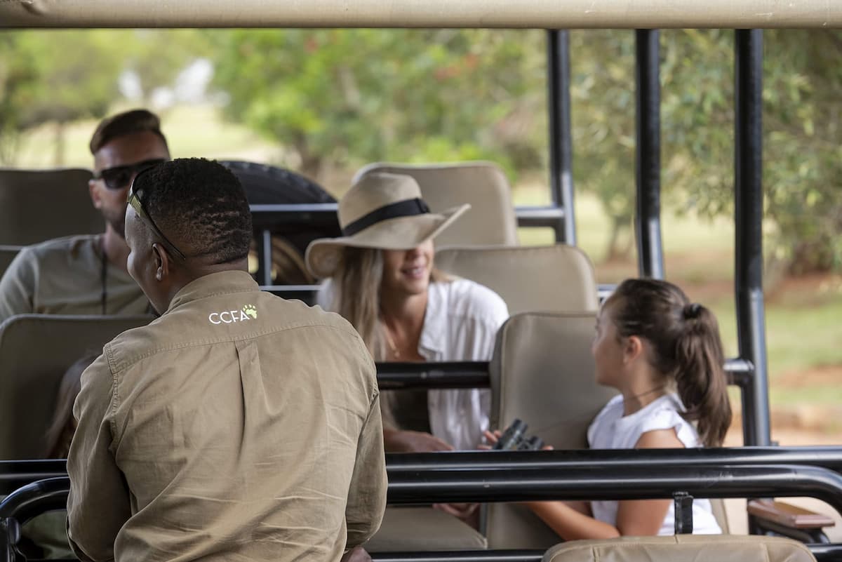 A family on a private game drive at Founders Lodge
